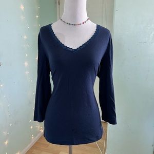 Navy Blue Lace Neckline Long Sleeve Tee